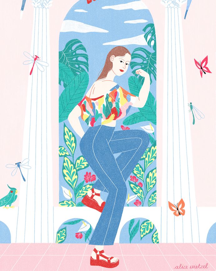 The second illustration I did for @desigual thanks to @thishe.re 💖🌸 . . . . . . . . . . . . . . . . . . . . . . . . . #illustration #illu #woman #womanpower #desigual #alicewietzel #thishere #butterflies #papillon #birds #parrot #ara #perruche #dragonfly #libellule #teva #strenght #monstera #calathea #spring #summer #musclor