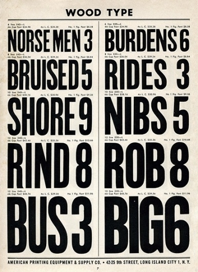 Wood Type, Specimen Sunday. From 'American Printing Equipment Complete 1966–1967 Type Catalog' #wood #type #letterpress