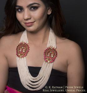 22k Gold and Diamond Polki Peacock Broach Necklace with Rubies and Chid Pearls - gold diamond polki kundan meena jadau jewellery