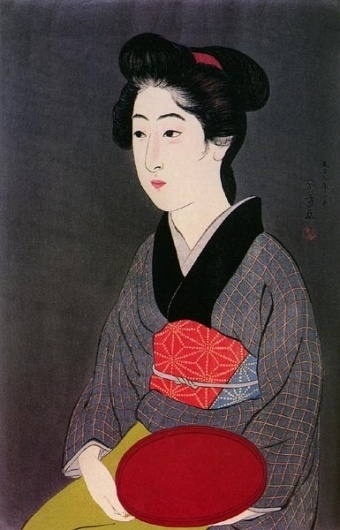 hanga gallery . . . torii gallery: Woman Holding Tray by Hashiguchi Goyo #red #woman #kimono #print #black #japan