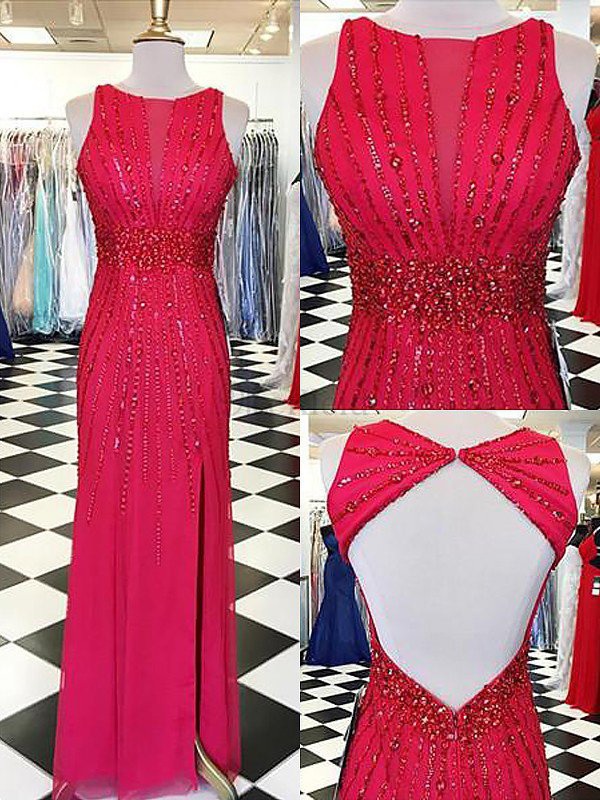 Chiffon Enges Ärmellos Perlenbesetztes Bodenlanges Abendkleid