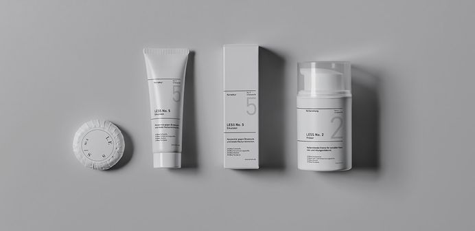 Designer Patrick Reichert-Young from Köln, Germany, designed the brand identity and packaging for LESS Cosmetics. For more of the most beautiful designs visit mindsparklemag.com