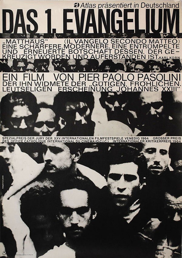 1965 German poster for THE GOSPEL ACCORDING TO ST. MATTHEW (Pier Paolo Pasolini, Italy, 1964) Designer: Hans Hillmann Poster source: KinoArt.net