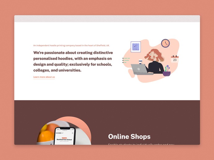 A snapshot to highlight the HoodieHut website's overall brand design, typographic style, colour theme, etc.