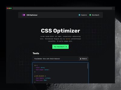 CSS Optimizer — Homepage development dark one page website webapp graph dashboard themes syntax code editor dark theme night theme