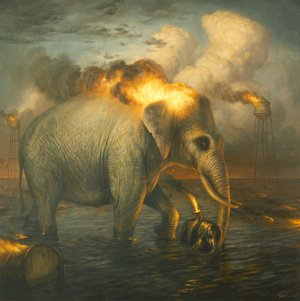 On View: "The New Romantics" at Spacejunk Art Centers | Hi Fructose Magazine #painting #burning #art #elephant