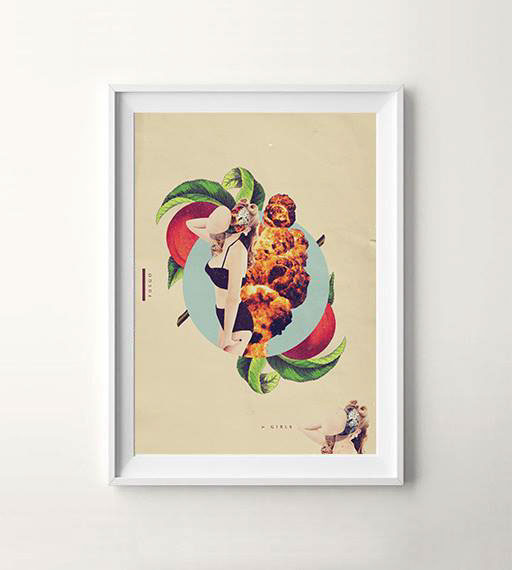 Fuego y Caballo. Collage composition mixing subtle and vibrant vintage illustrations.