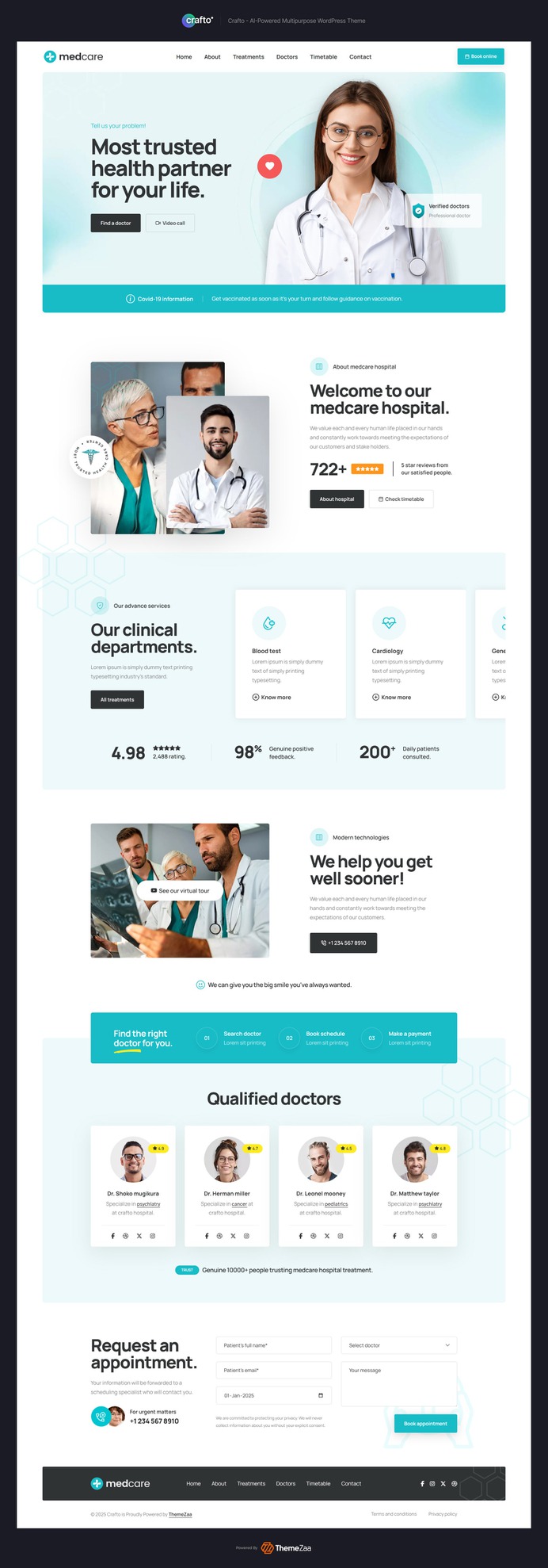 Clean. Trustworthy. Professional. The #Medical demo of #Crafto is thoughtfully designed for clinics, hospitals, healthcare providers, and medical professionals. With calming colors, organized layouts, and user-friendly navigation, it makes booking appointments and showcasing services effortless. Built with #Elementor and fully #responsive, this demo balances care and credibility, giving your medical brand a healthy #digital presence.