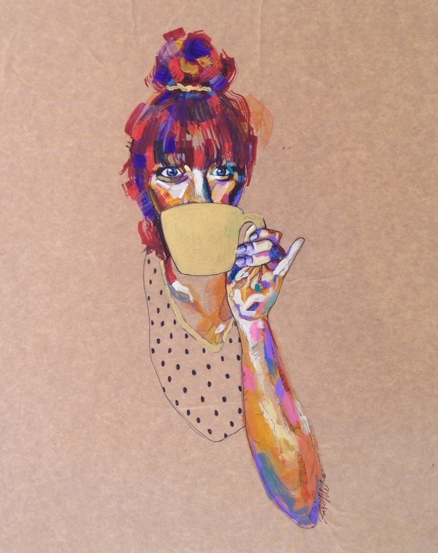Pinkies Up - Katie Melrose #acrylic #abstract #girl #portrait #colors #coffee #gouache