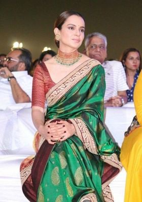 Kangana Ranaut In Bottle Green And Golden Banarsi Saree