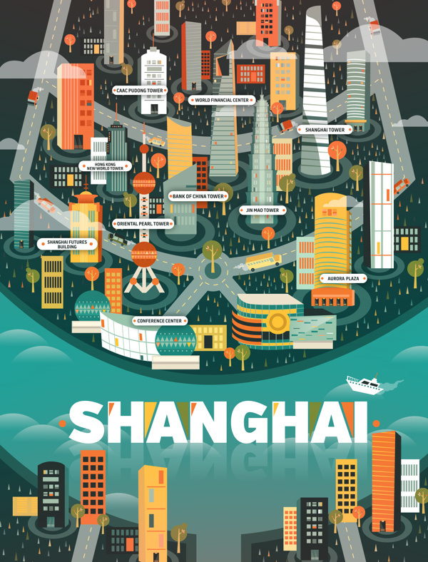 5 cosmopolitan city illustrations from around the world by Aldo Crusher #cosmopolitan #shanghai #city #design #illustration #china
