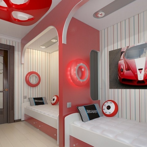 Modern design of a teen bedroom in white and red #artistic #bedroom #decor #bedrooms #art #artiistic