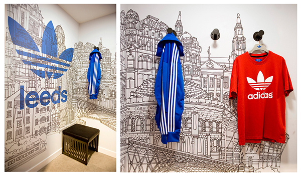 Leeds Cityscape for Adidas, briefed by Studio Juice on Behance, by rooftop illustrations [Photo courtesy of Studio Juice] #drawings #adidas #opening #store #illustration #leeds #studio #juice #changing #room #new