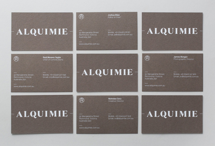 Logotype and white ink, warm grey business card designed by ThoughtAssembly for quarterly beverage magazine Alquimie #bb
