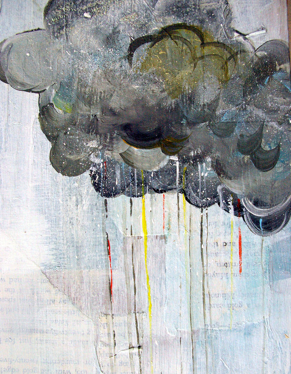 Rain in Technicolor Big Print in 8.5x11 inches grey gray cloud, rainbow raindrops, white blue sky #clouds #paint #collage