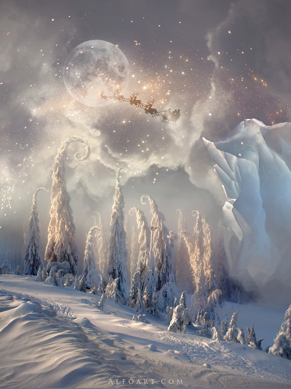 Christmas night, new year card, flying Santa Claus, fairy christmas landscape, snow scene, christmas trees, iceberg, night stars, moon light #fairy #santa #snow #christmas #photoshop #stars #magic #xmas