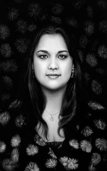 Niermala made by Robbin Veldman http://www.robbinveldman.nl #earrings #hover #guyana #hovering #flowers #south-america #botanical #white #holland #girl #robbin #flying #realistic #female #oil #lady #flowing #netherlands #nijverdal #painting #and #dutch #drifting #black #portrait #art #necklace #veldman #dress #alkyd
