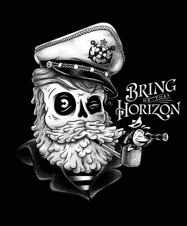 www.behance.net/michelemarconi #white #sailor #beard #fish #black #illustration #vintage #pipe #and #skull #pirate #hold