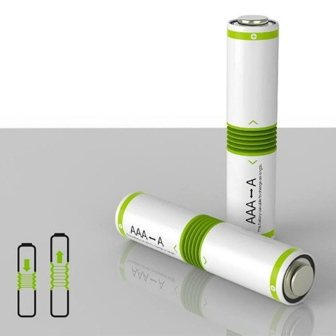 The Fit-in Battery is an AAA-sized adjustable battery that can accommodate larger sizes so you don't have to fuss with multiple batteries. #modern #lifestyle #style #design #batter #adjustable #gadget #product #industrial #technology