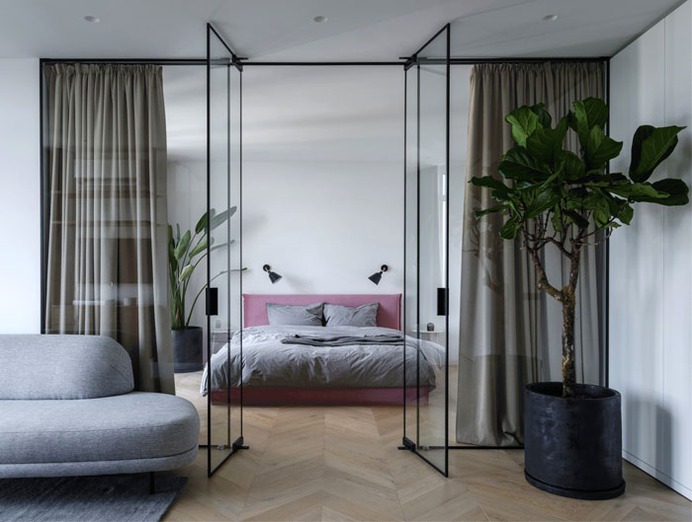 Open Plan Apartment Separated Only with Glass Panels - InteriorZine #bedroom #interior #decor