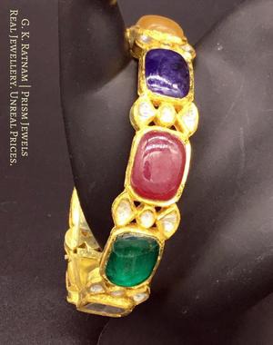 12k Gold and Diamond Polki Bangle with Navratna Stones - gold diamond polki kundan meena jadau jewellery