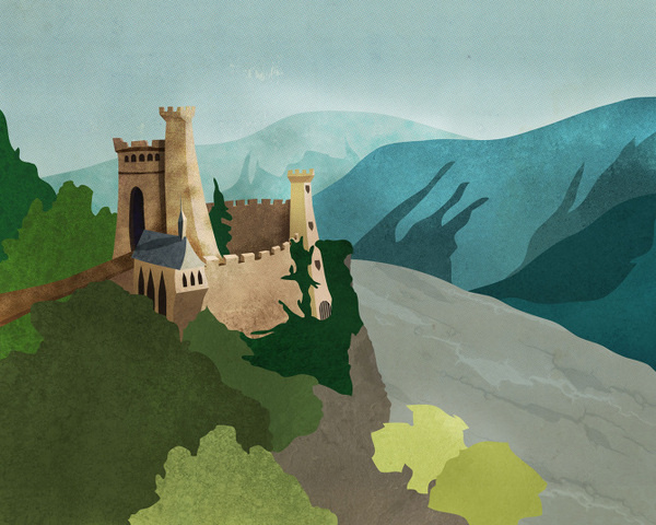 "On the Rhine!" Illustration by Alex Felter #rhine #castle #steeple #dungeon #river #trees