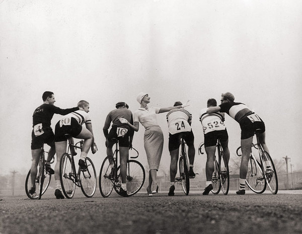 taken in parking lot near the Triborough Bridge for Harpers Bazaar, circa 1954 #old #bicycle #photo #tompalumbo #vintage #bike #fashion #50s #race