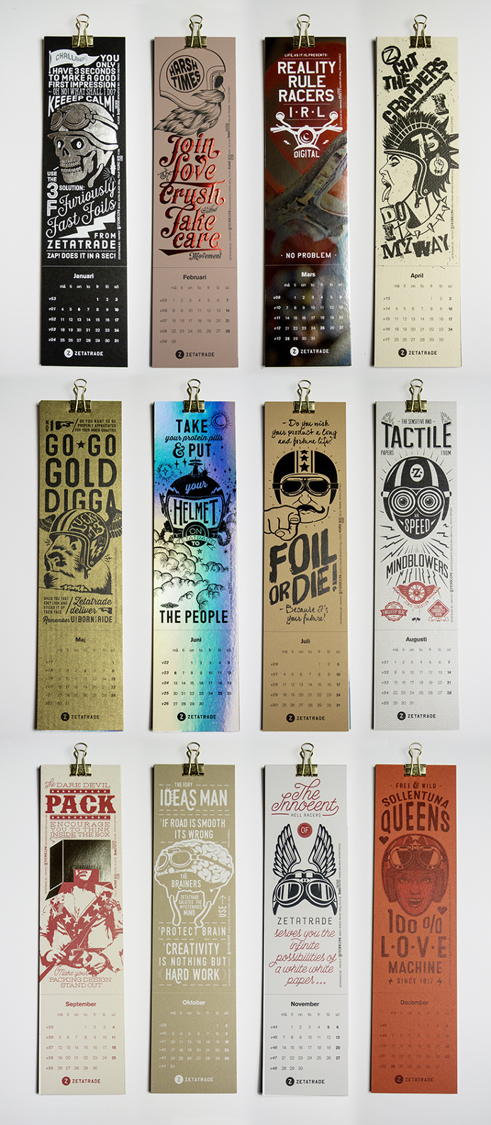 Calender, foil, typography, embossing, illustration