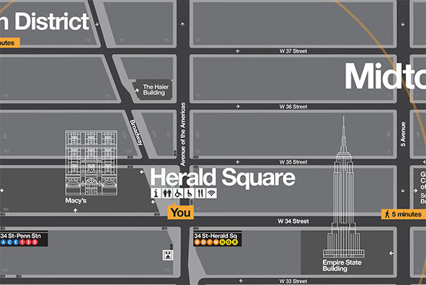 The landmarks are layered into other information on the map. Subways are indicated by tabs that resemble station signs. #york #pentagram #city #new