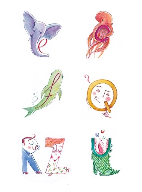 Zaczarowana Walizka / Magic Suitcase Illustration #character #creature #lettering #couple #question #fish #monster #octopus #elephant #flirt #letter #alphabet #education #kids #children #animal #watercolor #typography