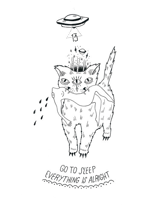 Go to sleep, everything is alright #blood #13 #woman #cat #illustration #bw #ufo