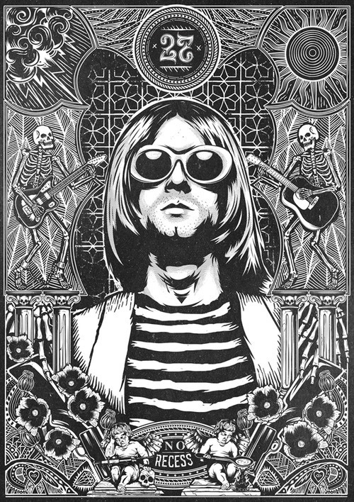 https://www.behance.net/gallery/The 27 Club No Recess/15930737Tomall x Pedro Oyarbide #illustration #blackandwhite #kurtcobain