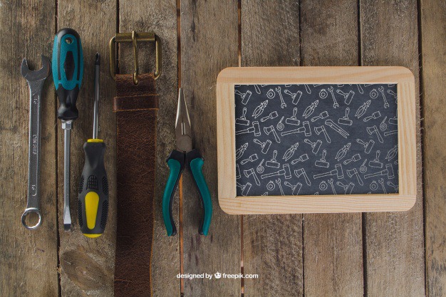 Chalkboard, belt and tools Free Psd. See more inspiration related to Mockup, Wood, Man, Chalkboard, Mock up, Decoration, Tools, Father, Wrench, Up, Male, Belt, Screwdriver, Composition, Mock, Pliers and Masculine on Freepik.