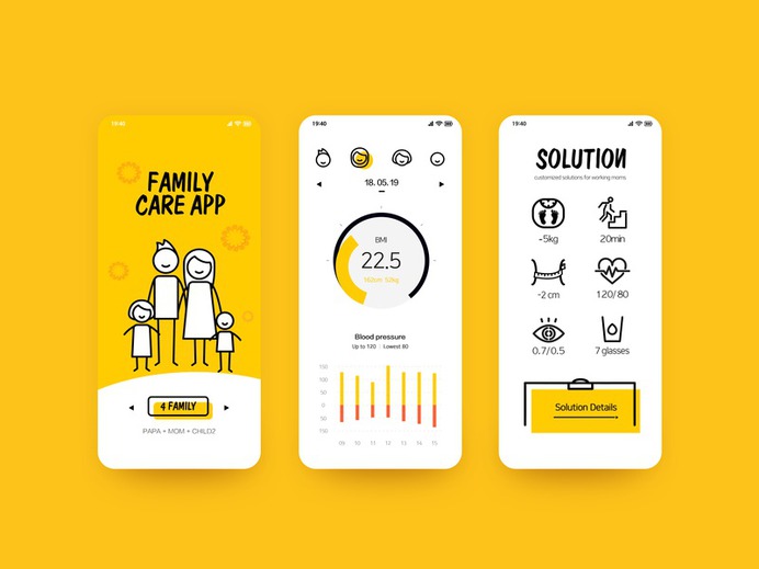 Family care blood pressure cute yellow data chart solution care app health interesting mobile app illustration icon design ui
