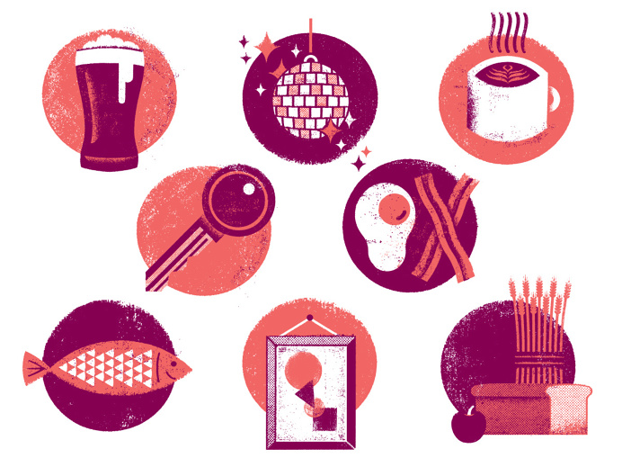 Brunch, Food, Breakfast, Illustration, coffee, fish bacon, eggs, key, beer