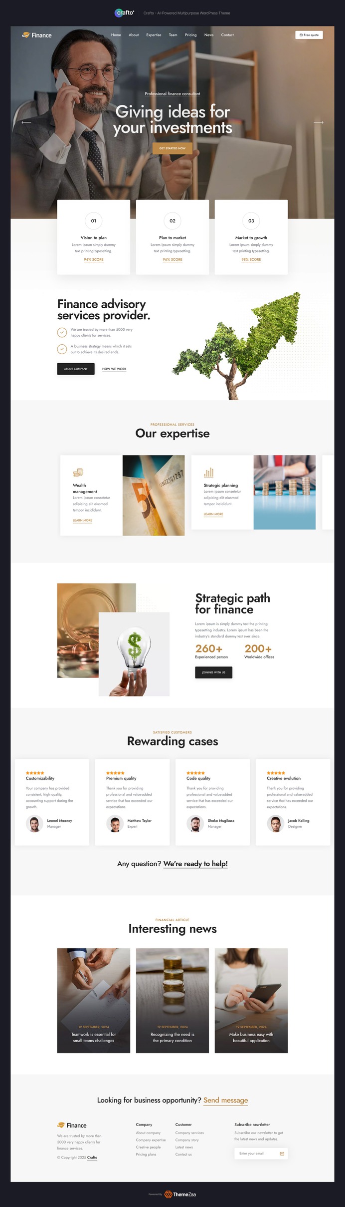 The #Finance demo of the #Crafto #WordPress #Theme blends professionalism with modern design, helping firms and consultants showcase expertise with clarity and confidence. Featuring sleek layouts, service highlights, and #Elementor-powered customization, it's built to inspire trust and drive client engagement. #AI tools make content creation effortless, so you can focus on delivering results.