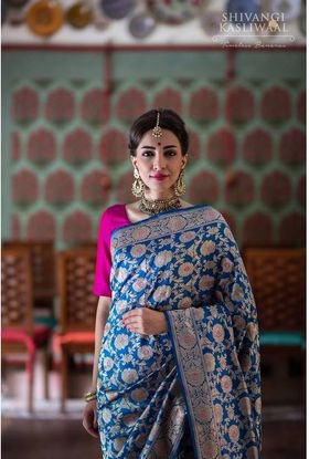 Fuschia Pink Blouse And Blue Banarsi Saree