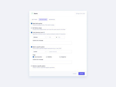 Modal Refactor & Field Validations navigation tabs input field headless cms inter ui modal