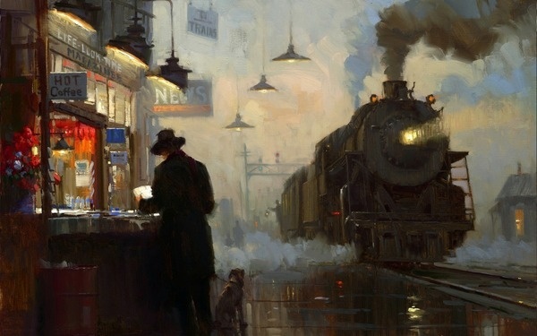 Homeward Bound, David Tutwiler (2003) #train #bound #steam #homeward #rail #vintage #painting #david #tutwiler #station
