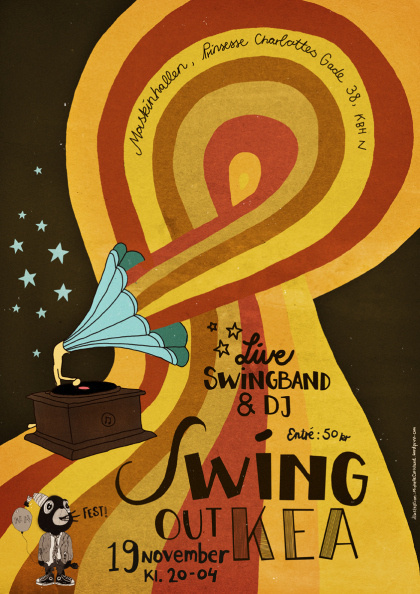 michelle carlslund illustration: swing out #red #nordic #yellow #orange #danish #wing #illustration #stars #scandinavian #poster #copenhagen #gramophone #party