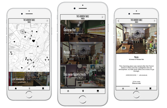 The Wooden Table: Wonderful café-guides for European cities. Screen design, Interface design