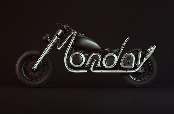 Monday Mo. Co. Type Bike on Behance #motorbike #lettering #3dart #3dtype #3dillustration #illustration #type #chopper #3d #typography
