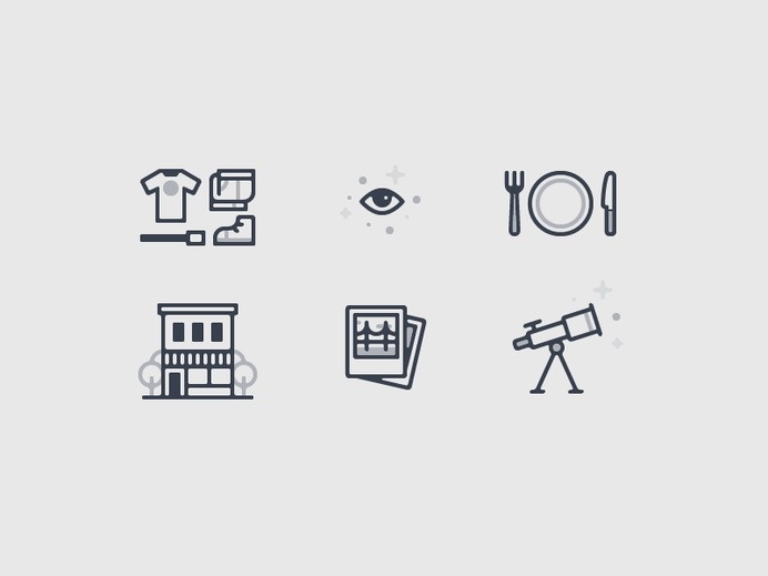 icons, rounded, clothing, house, food, telescope