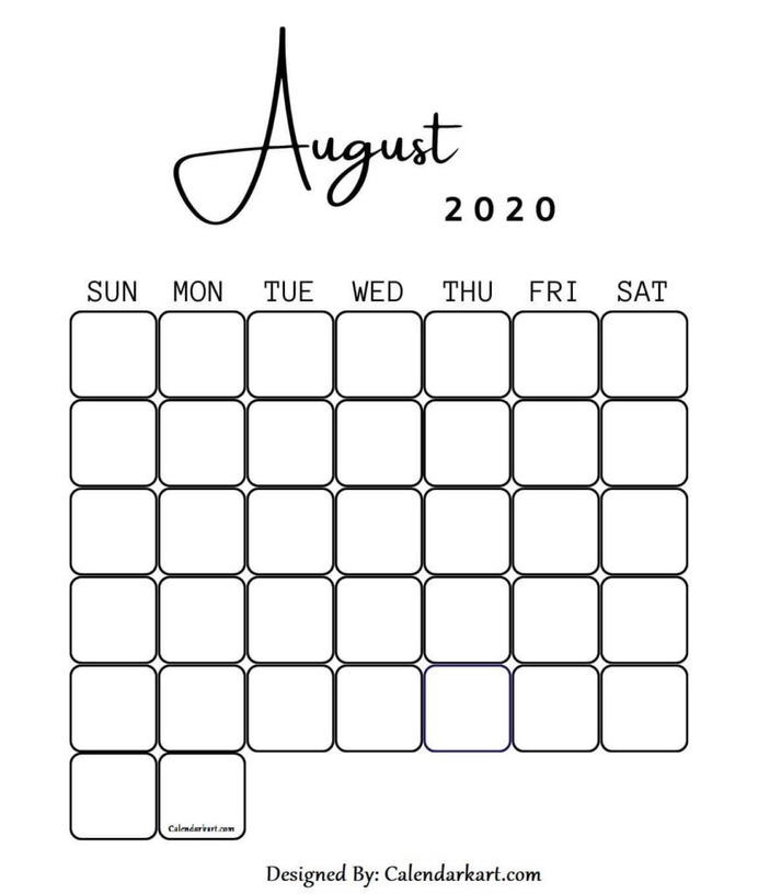 August 2020 Blank Calendar Black and White Minimalist