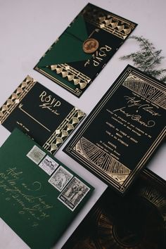 Vintage Art Deco emerald green, black and gold foil wedding invitation suite | Ode Studios