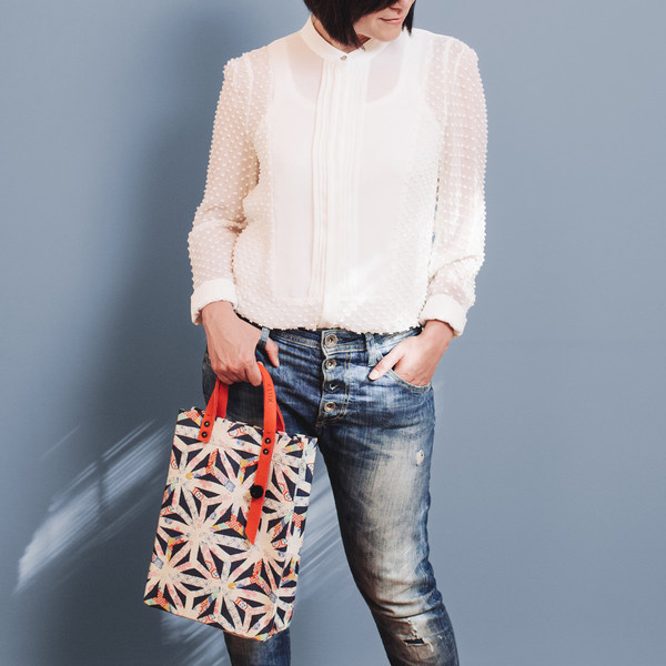 Fab tote bag titled BLUE STAR with asymmetrical strap with place for lapel pins #fashion #totebag #design #pins