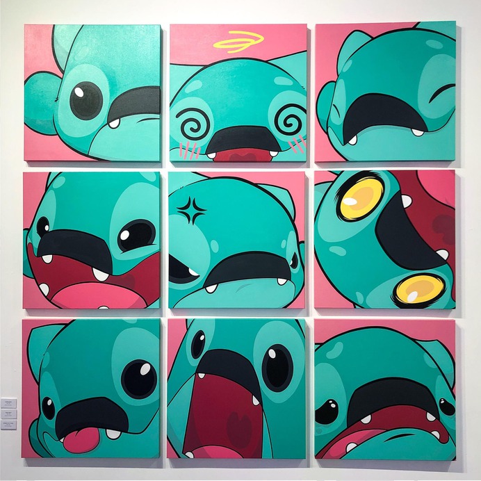 Ringo Monsters emotes, (9) acrylic on canvas, 30x30 in. 2018
