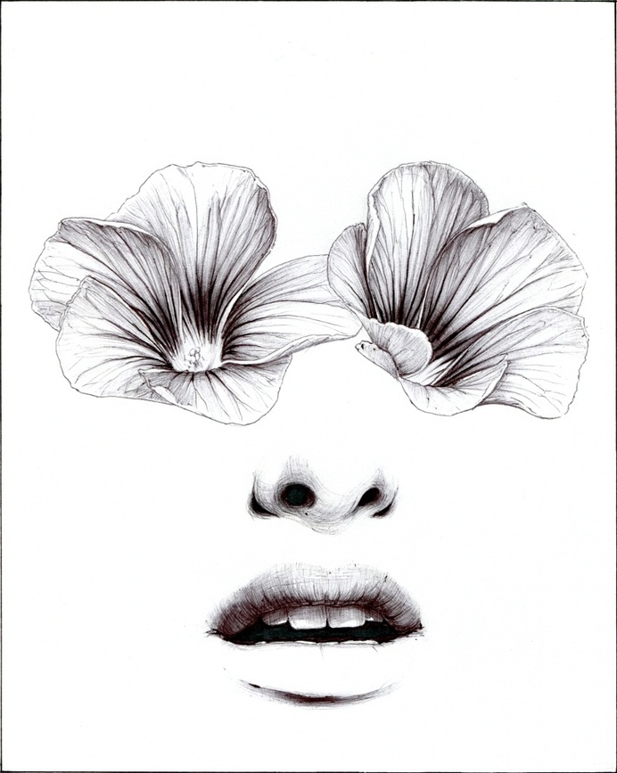 "HorrorVacui" by Beniamino Leone #white #petals #eyes #lips #black #flowers #illustration #and #face #drawing #sketch