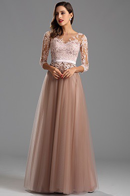 Elegant Long Sleeves Illusion Neck Long Formal Evening Dress (26162546)