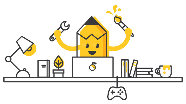 Illustration for Coming Soon page #illustration #design #comingsoon #lines #happy #working #yellow #crayon #desk
